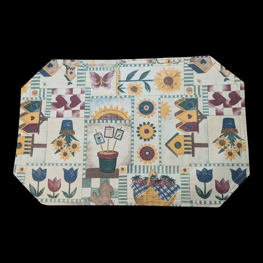 Vintage 70s 80s MCM 4 Vinyl Patchwork Country Garden Irregular Octagon Placemats
